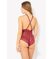 Criss-Cross Lace Bodysuit – Elegant and Adjustable in Black & Burgundy