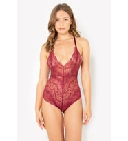 Criss-Cross Lace Bodysuit – Elegant and Adjustable in Black & Burgundy