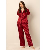 Women’s Satin Pajama Set – Short Sleeve Button Top & Long Pants